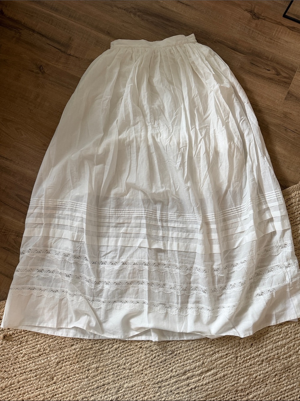 Rumored White Maxi Skirt with Lace & Pintuck Details